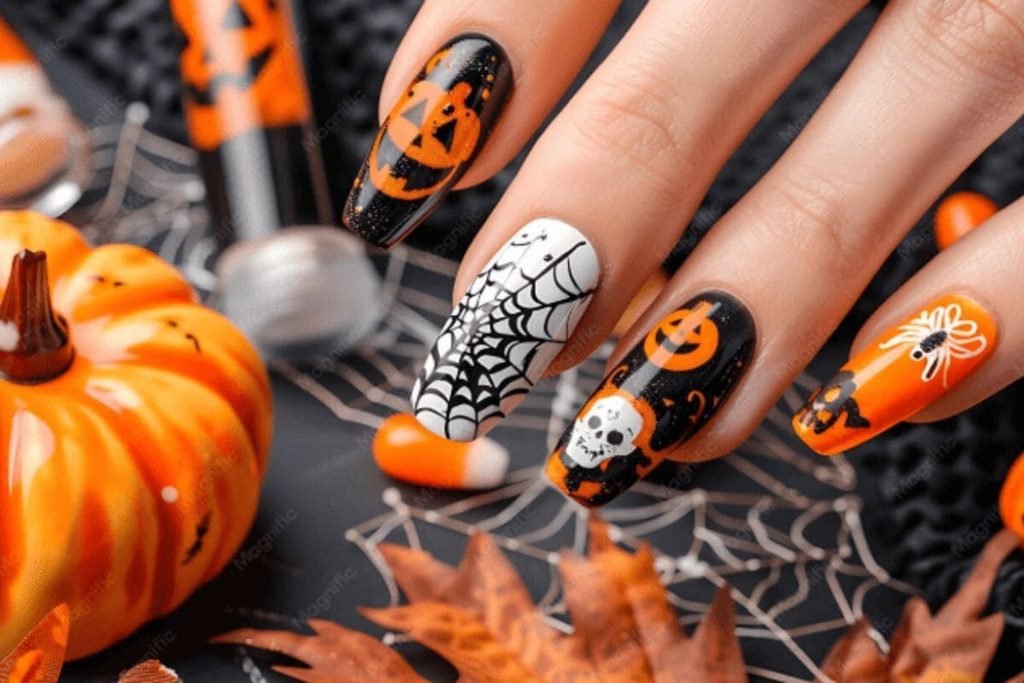 Black and Orange Ombre Halloween Nails