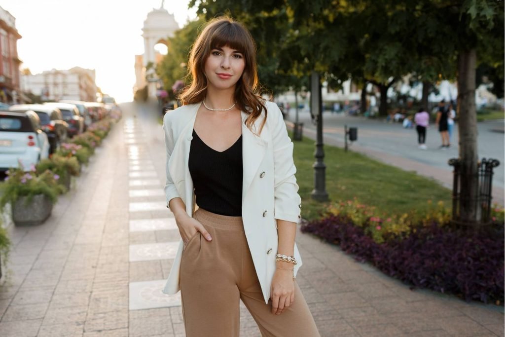 White Wide-Leg Trousers, Fitted Top and Nude Heels