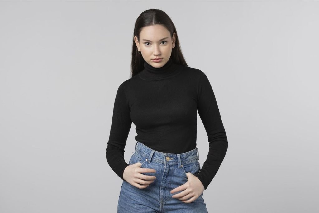 Black Turtleneck and Wide-Leg Jeans