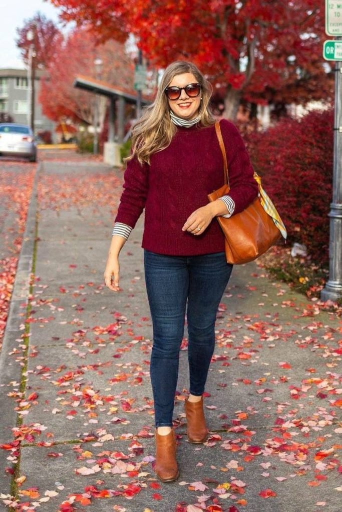 Burgundy Sweater and Jeans Outfit