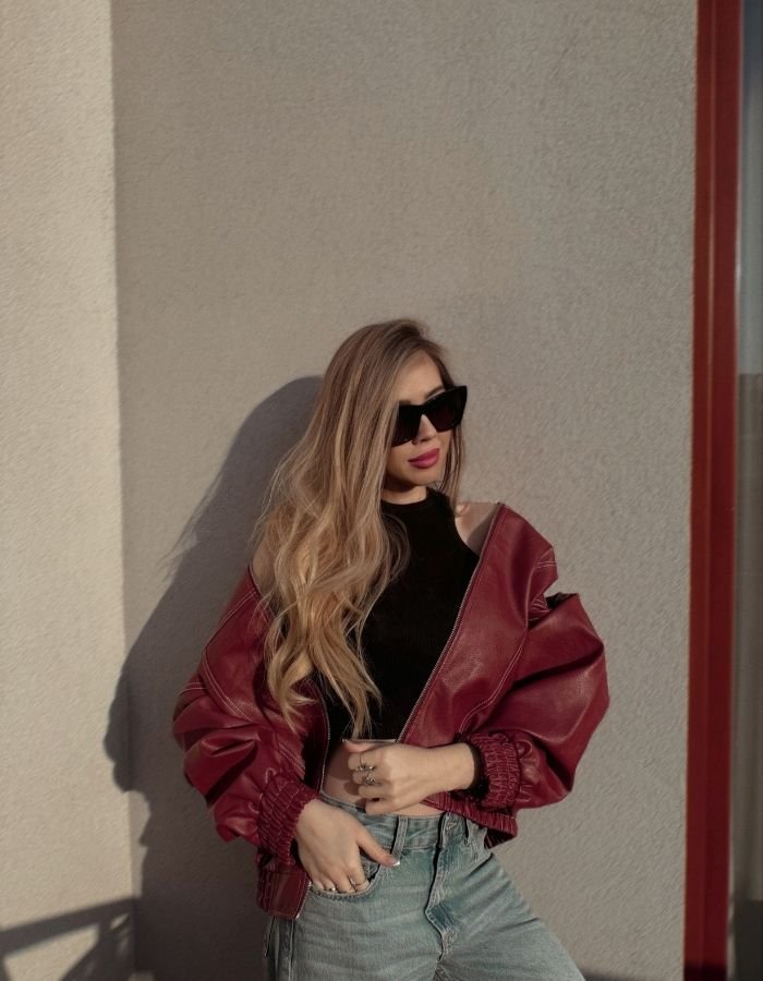 Burgundy Leather Jacket and Jeans