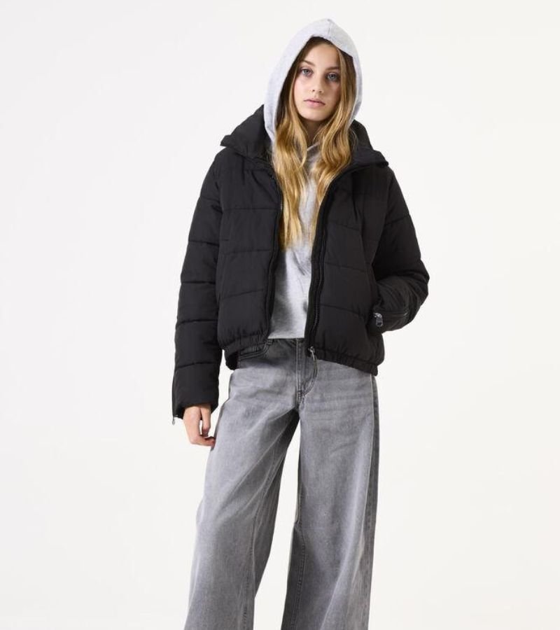 Hoodie, Puffer Jacket, and Wide-Leg Jeans
