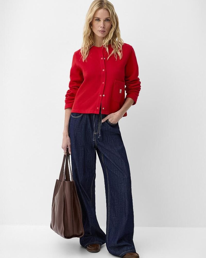 Red Cardigan with Wide-Leg Jeans