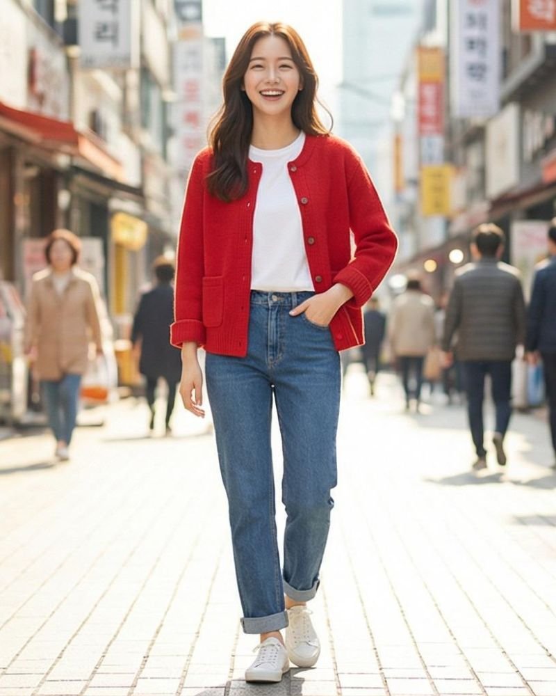 Red Cardigan with Blue Jeans