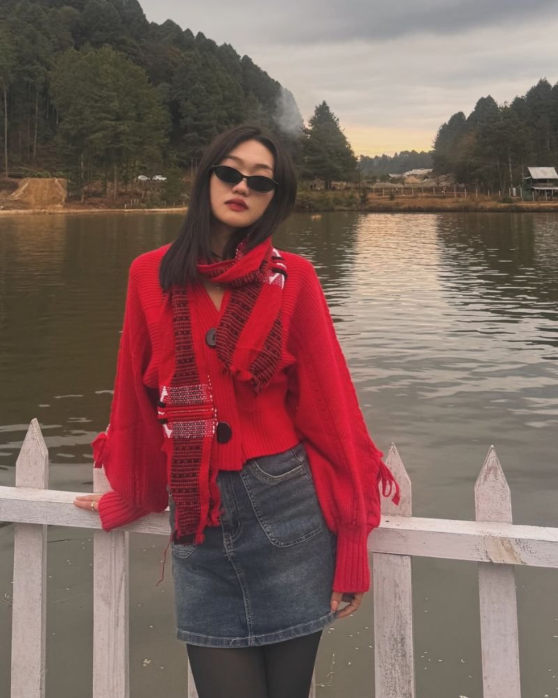 Red Cardigan with a Denim Skirt