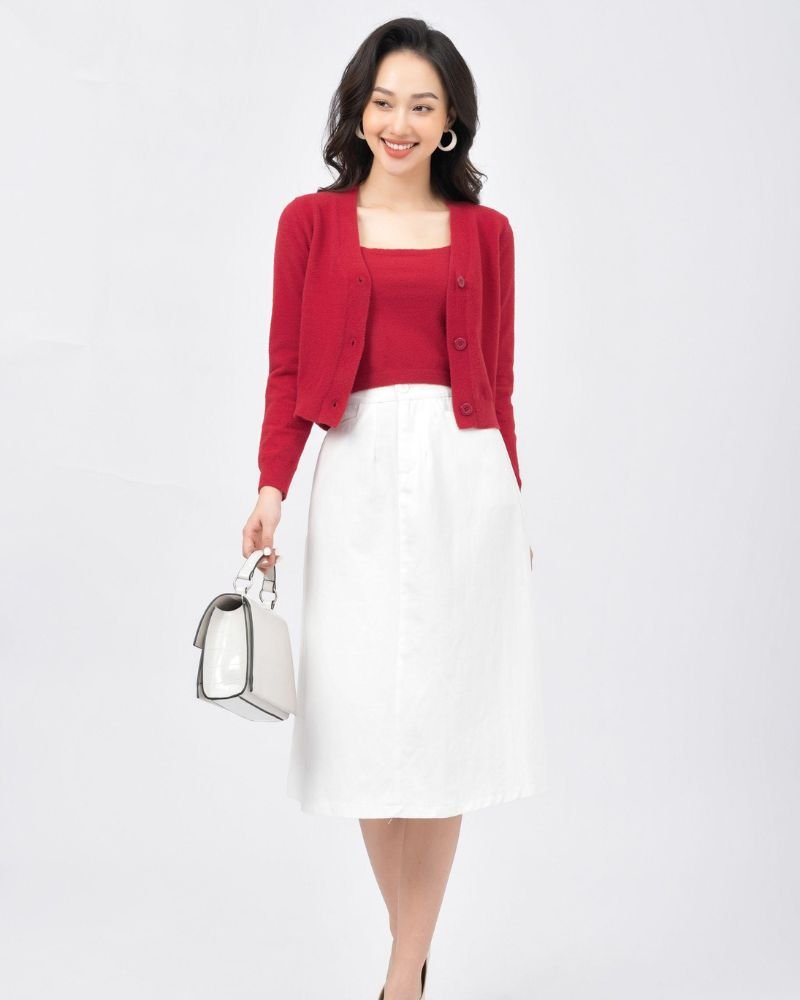 Red Cardigan with a White Skirt