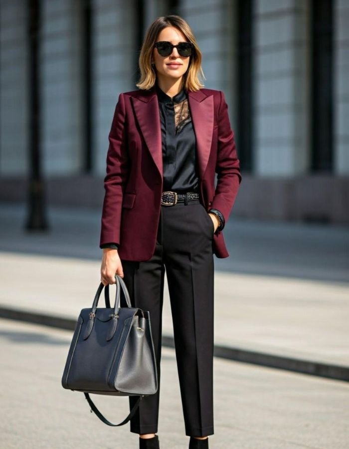 Burgundy Blazer and Black Pants