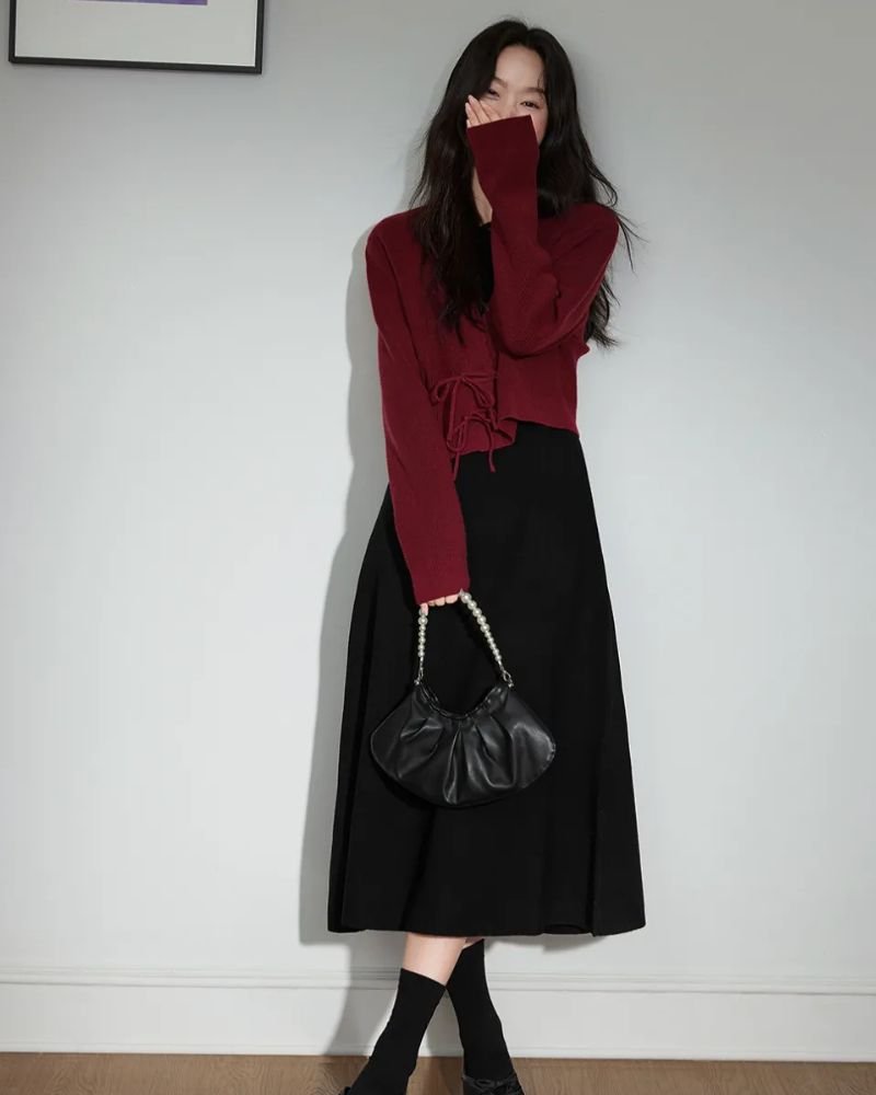 Red Cardigan with an All-Black Outfit