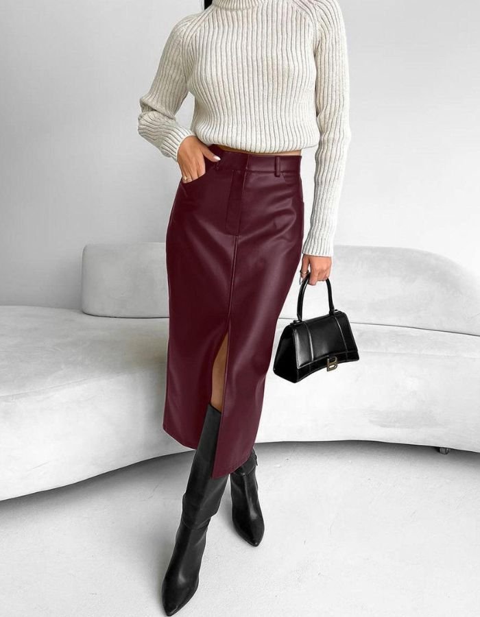 Burgundy Skirt and Cozy Sweater