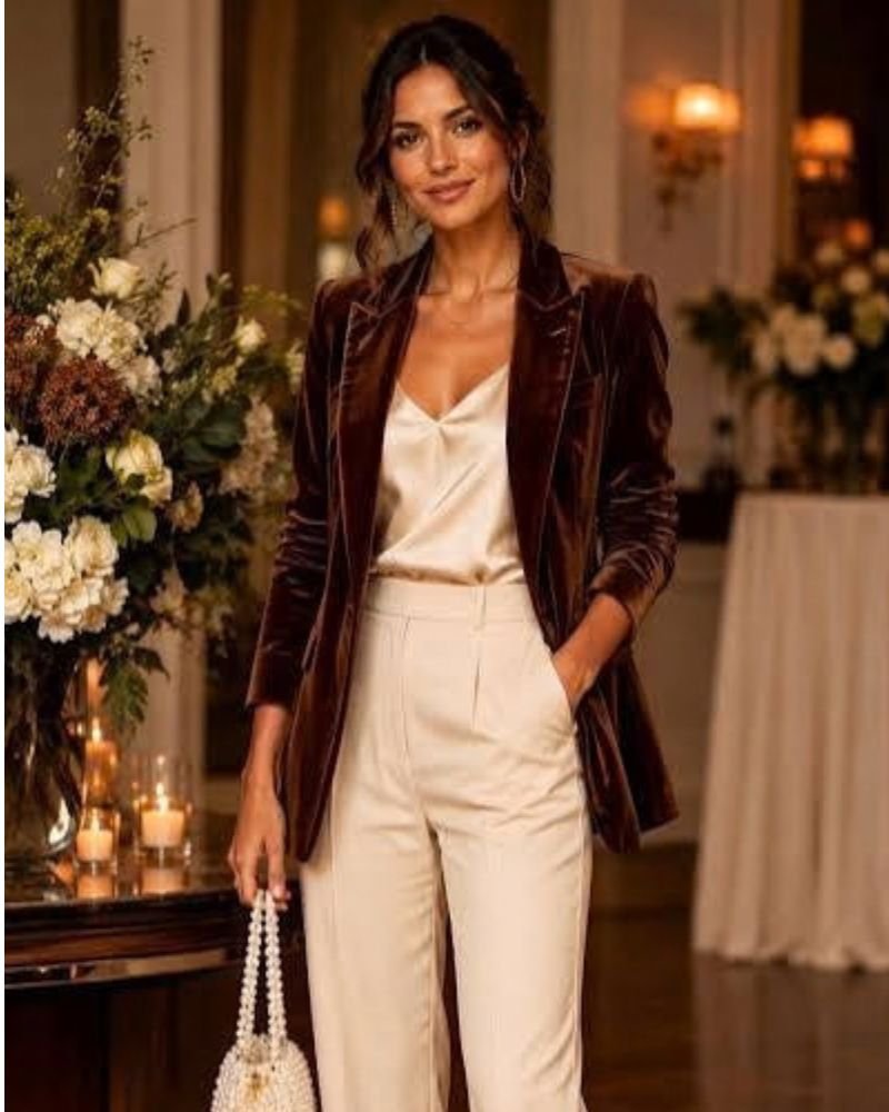 Brown Velvet Blazer With Cream Layers