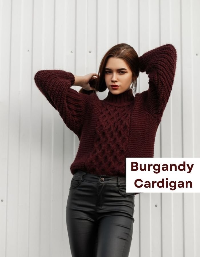 Burgundy Cardigan and Straight-Leg Jeans