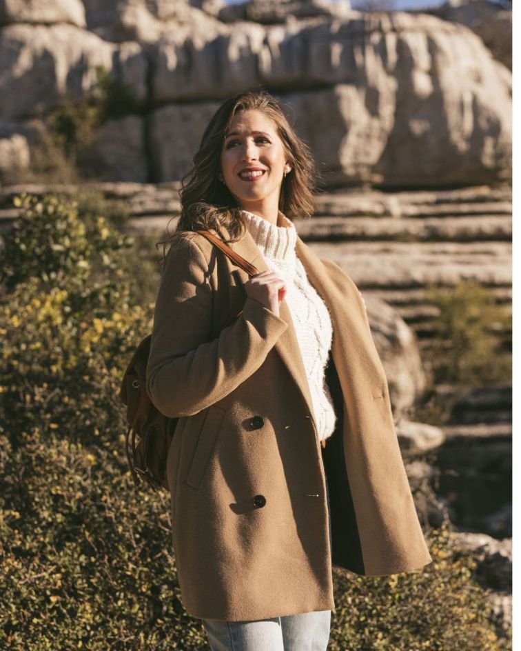 Camel Jacket With a Cream Sweater
