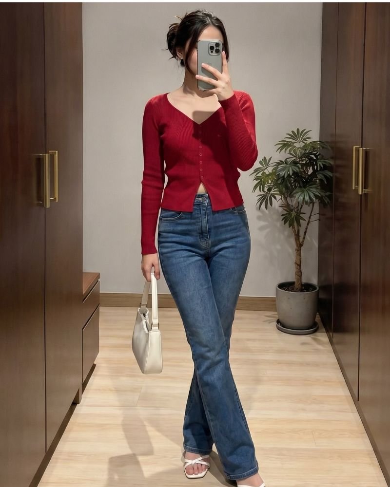Cropped Red Cardigan with High-Waisted Jeans