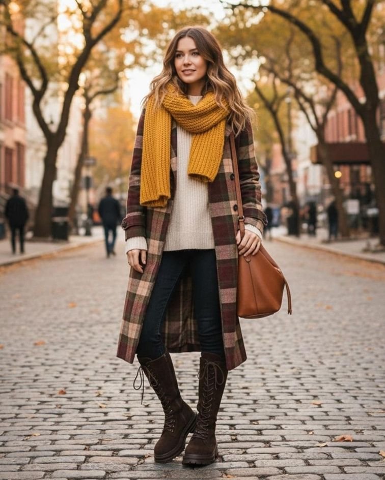 Layered Fall Jacket With Scarf and Boots