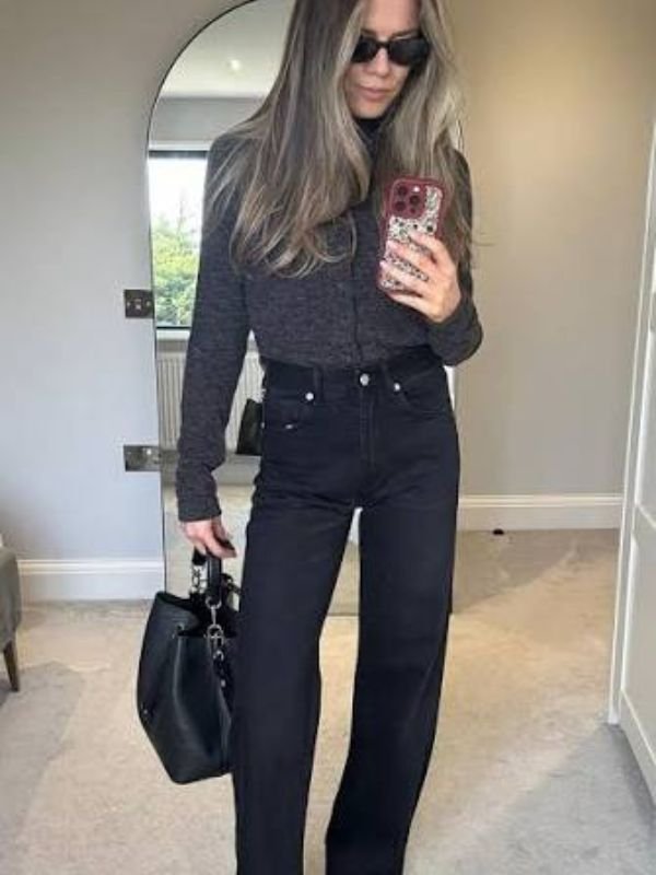 Wide-Leg Black Jeans with a Fitted Sweater
