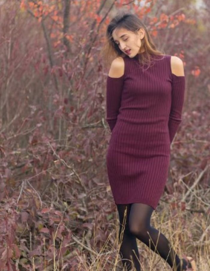 Burgundy Knit Dress and Knee-High Boots