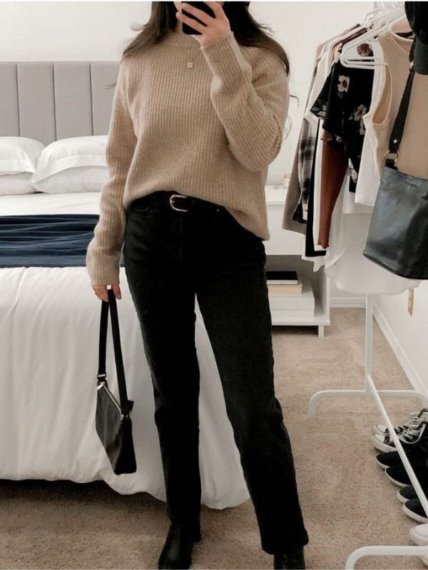 Black Jeans with a Chunky Knit Cardigan