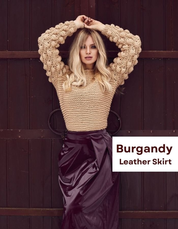 Burgundy Leather Skirt and Cream Sweater