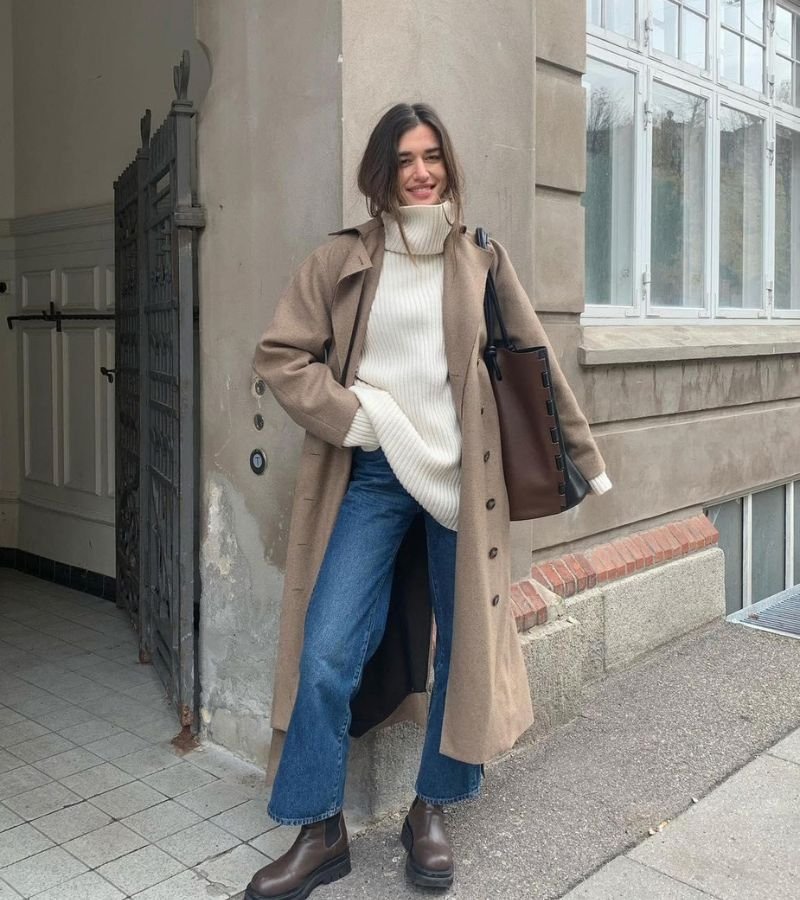 Long Wool Coat with a Knit Sweater