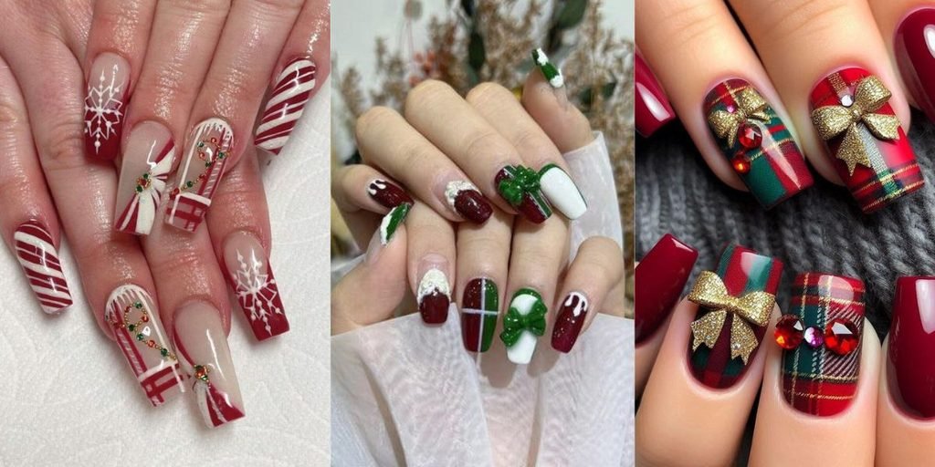 Christmas Present Nails with Tiny Gift Designs