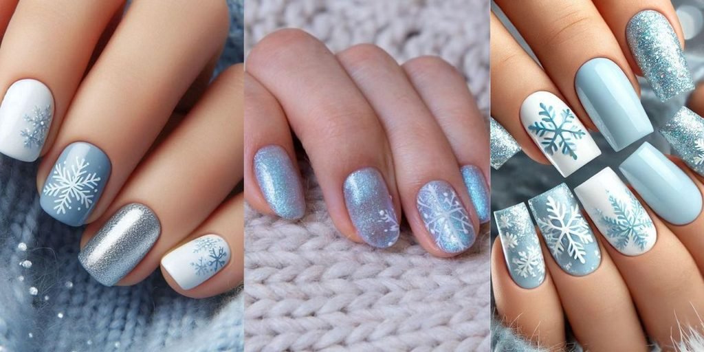 Blue and Silver Snowy Nails