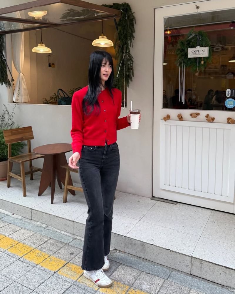 Red Cardigan with Black Jeans