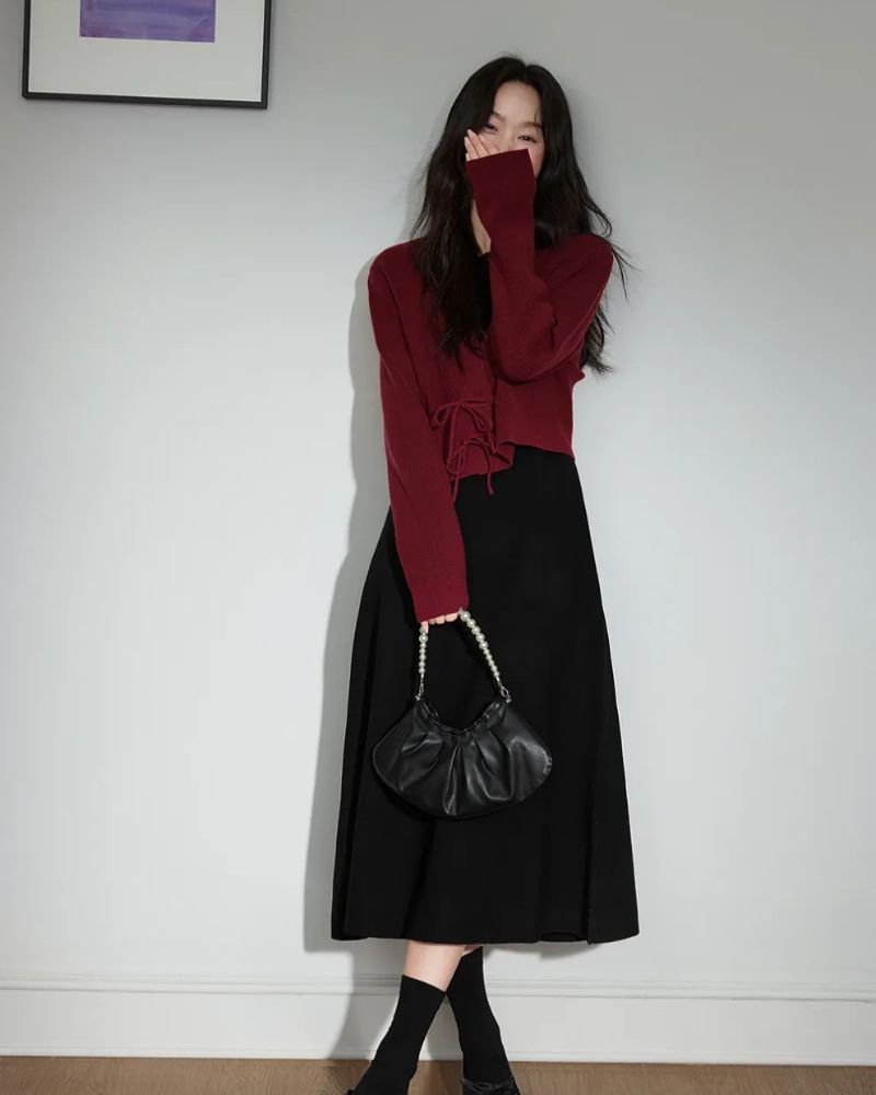 Red Cardigan over a Black Dress