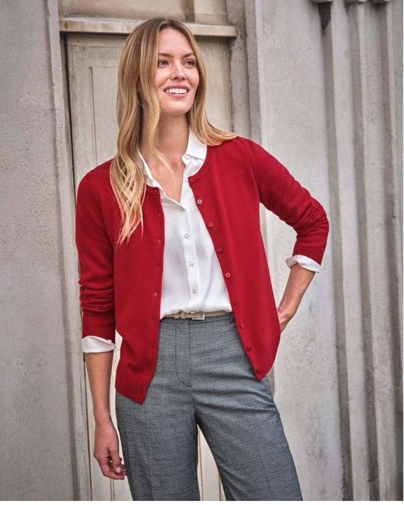 Red Cardigan over a Button-Down Shirt