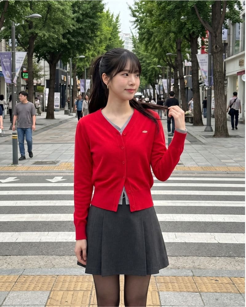 Red Cardigan with a Black Midi Skirt