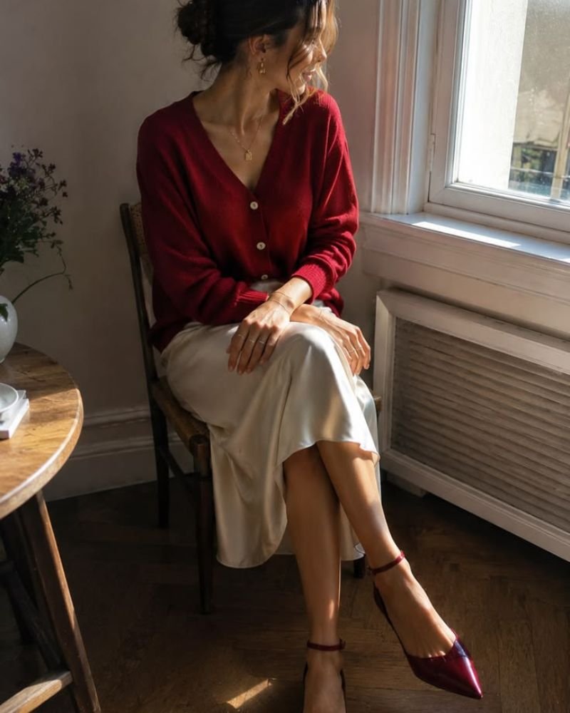Red Cardigan with a Satin Skirt