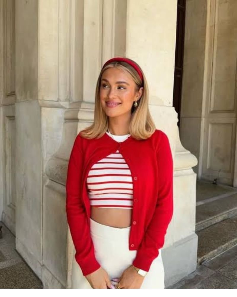 Red Cardigan with a Striped