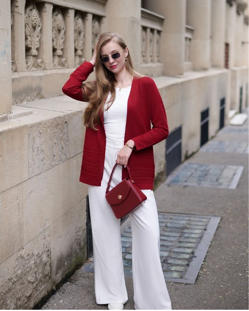 Red Cardigan with White Trousers
