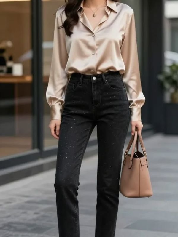 Black Jeans with a Satin Blouse