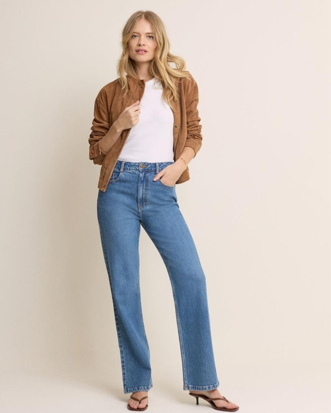 Suede-Look Jacket With Straight Jeans
