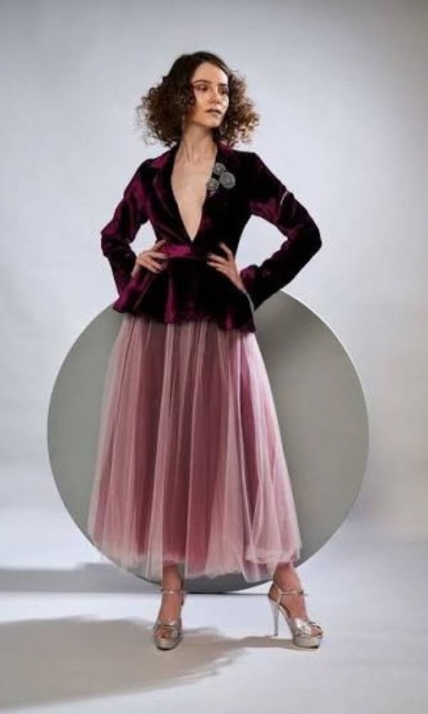 Velvet Blazer With a Pleated Skirt