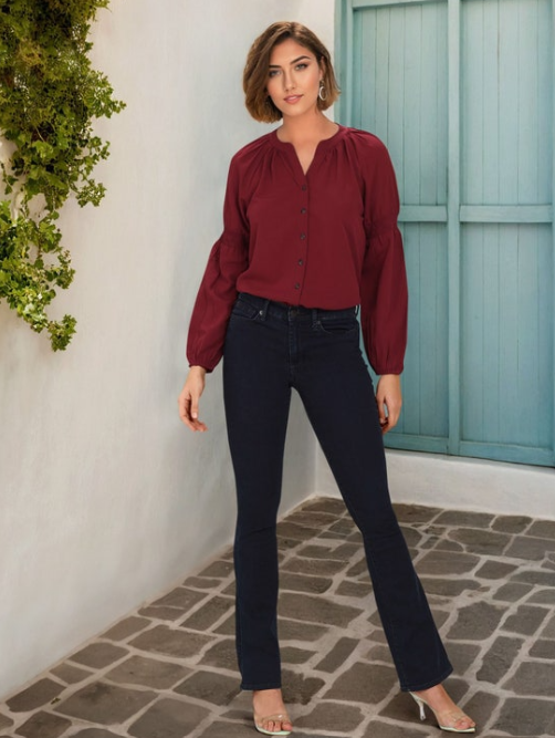 Burgundy Top and Dark-Wash Jeans