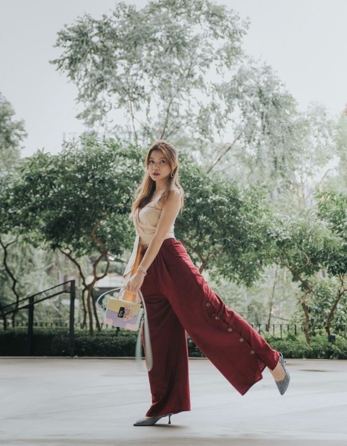 Burgundy Wide-Leg Trousers and a Fitted Top