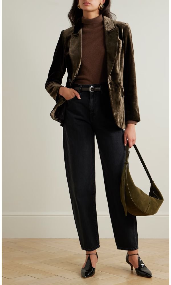 Velvet Blazer With a Turtleneck and Trousers